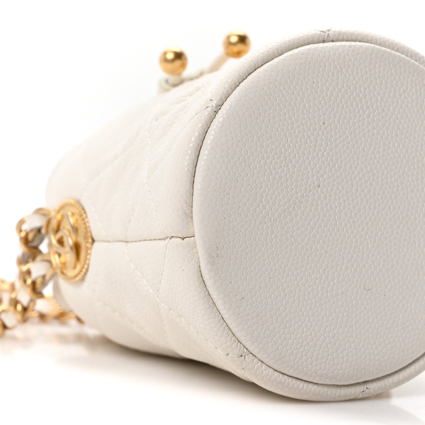 Caviar Quilted Twist Your Buttons Mini Bucket Bag White