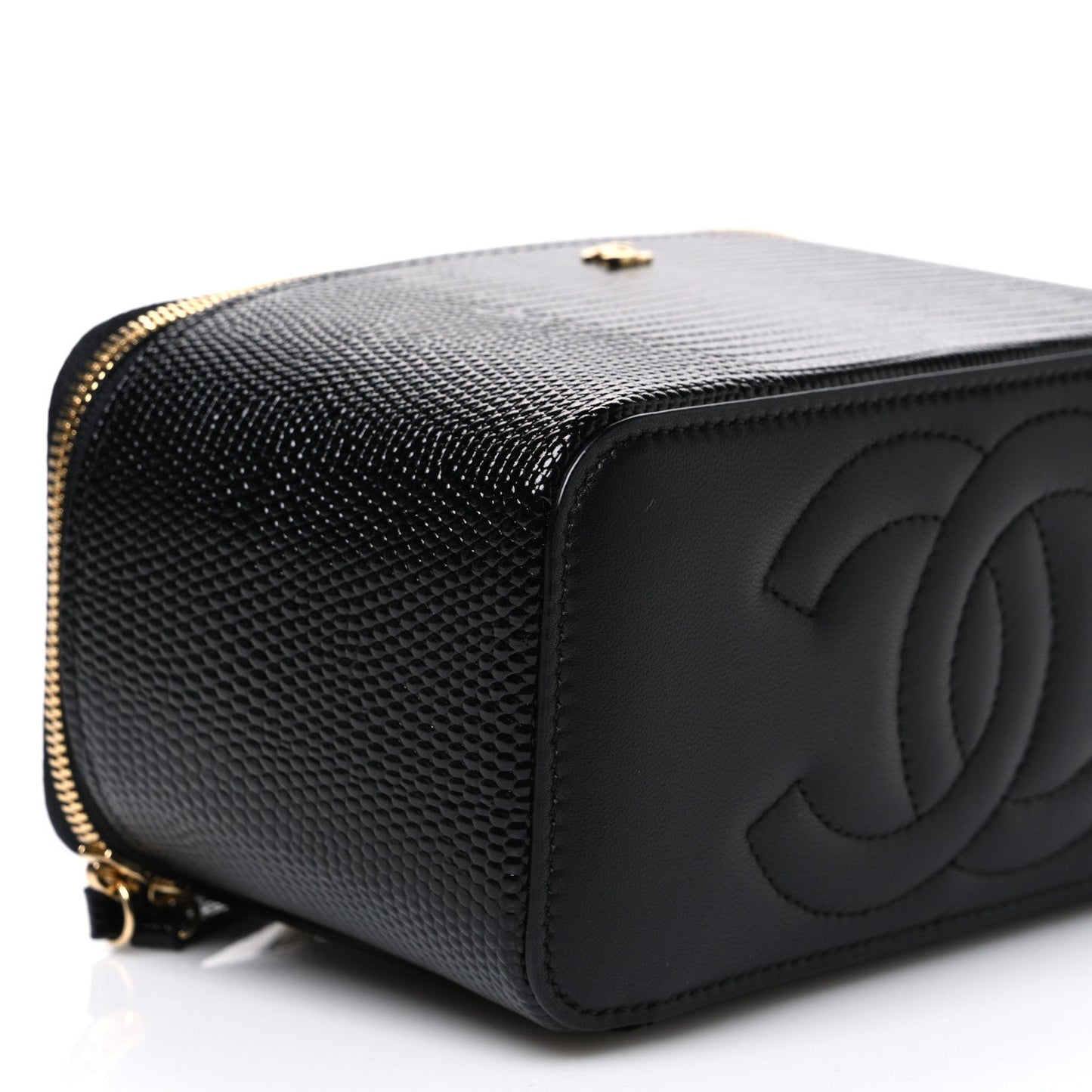 Calfskin Lizard Embossed Top Handle Vanity With Chain Black