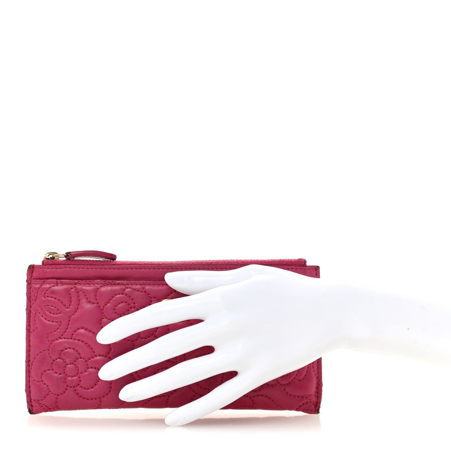Lambskin Camellia Embossed Classic Zip Pouch Pink