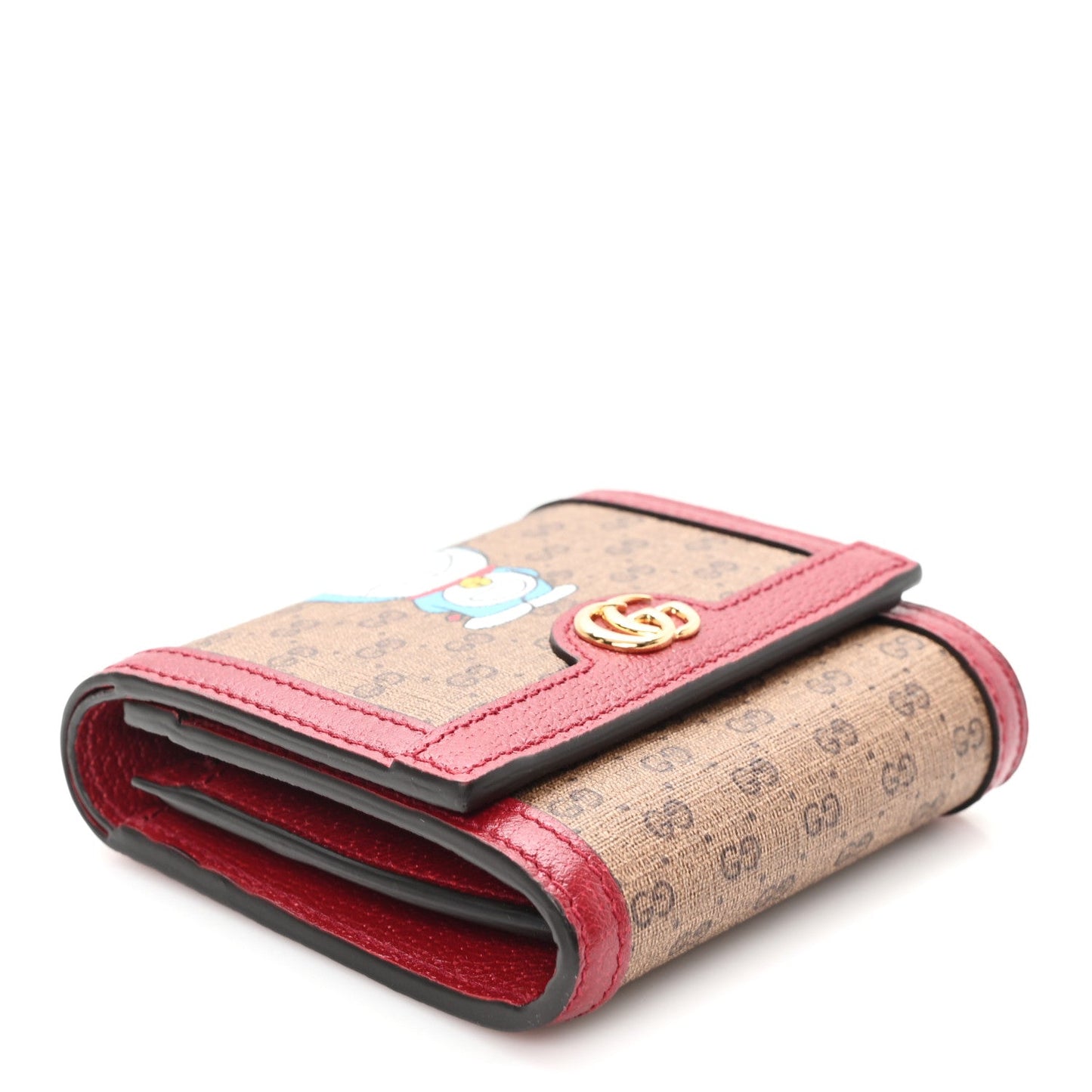 X DORAEMON Mini Vintage GG Supreme Monogram Card Case Wallet Beige Cherry Red