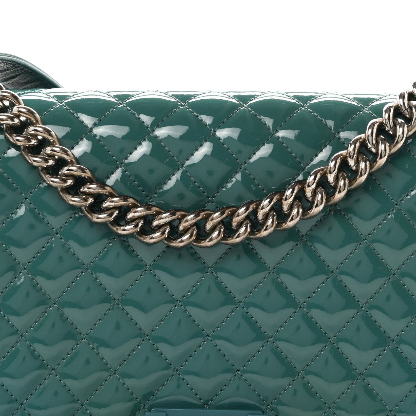 Patent Calfskin Quilted New Medium Plexiglass Boy Flap Turquoise