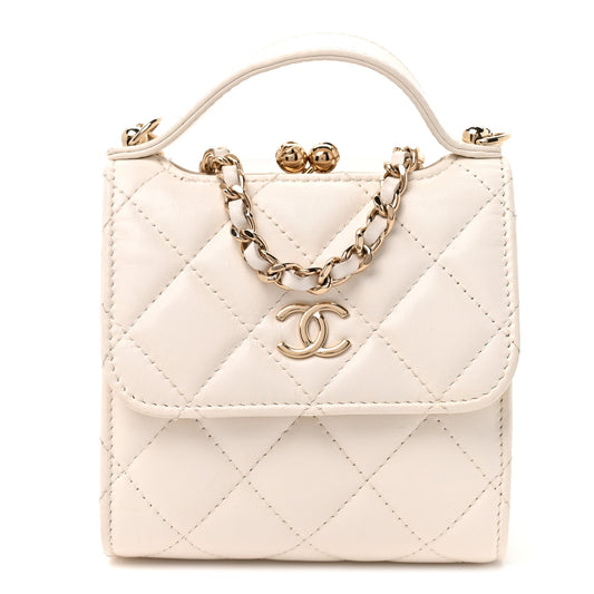 Lambskin Quilted Kiss Lock Top Handle Flap Clutch With Chain White