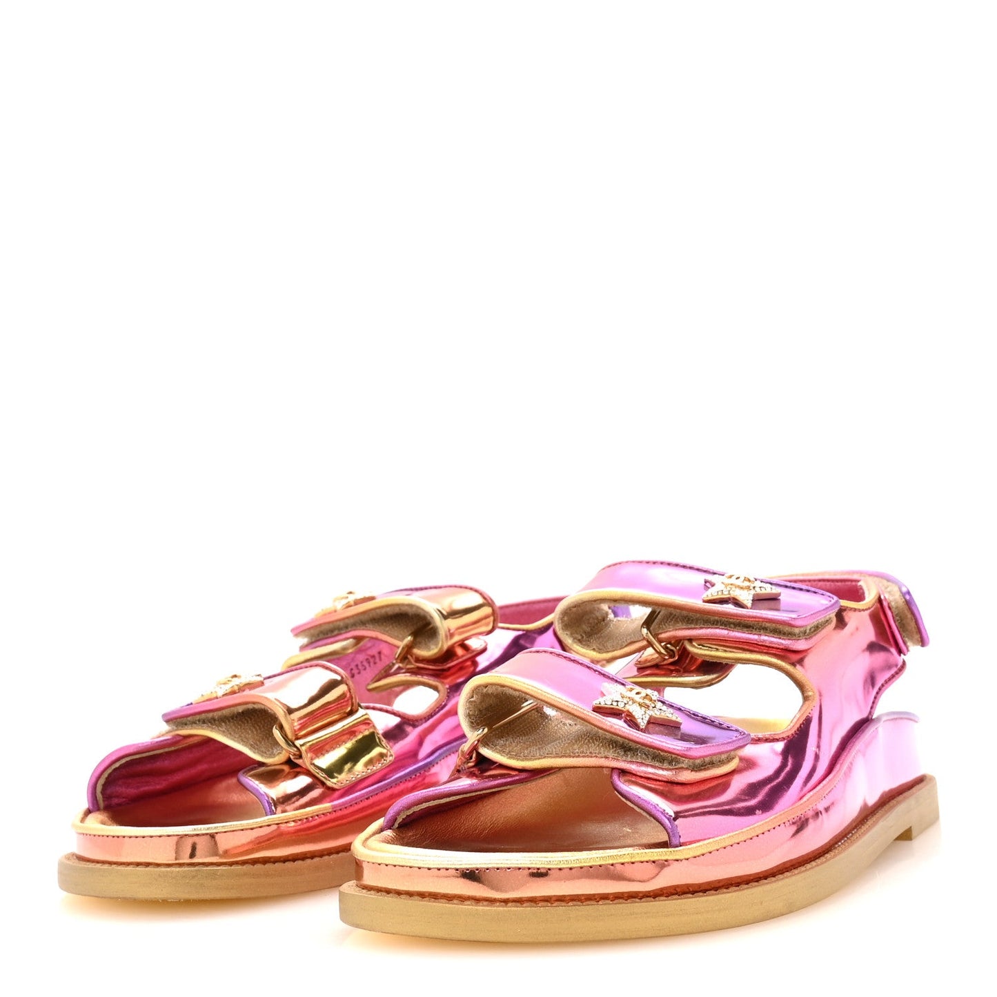 Metallic Laminated Calfskin Crystal Star CC Velcro Dad Sandals 37.5 Pink Orange Yellow