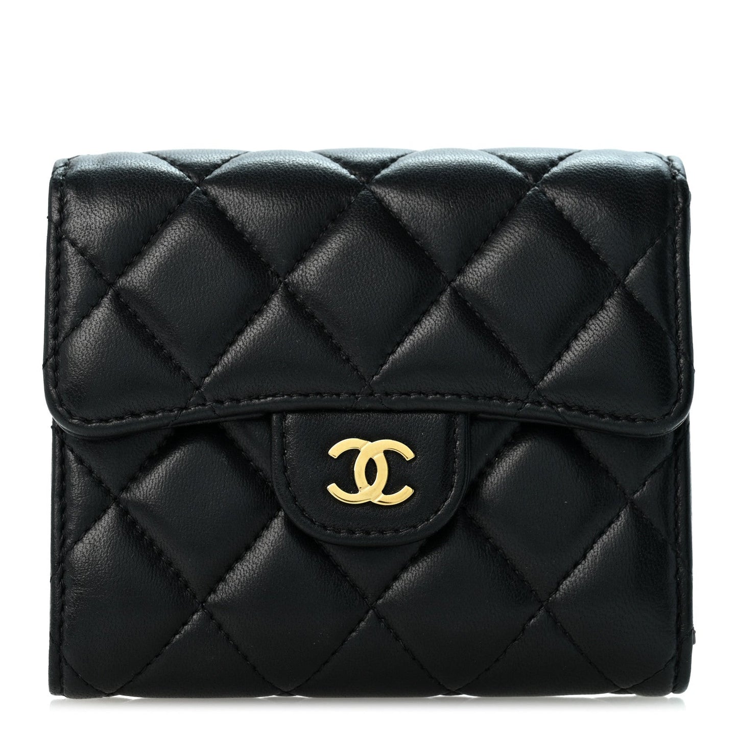 Lambskin Quilted Compact Flap Wallet Black