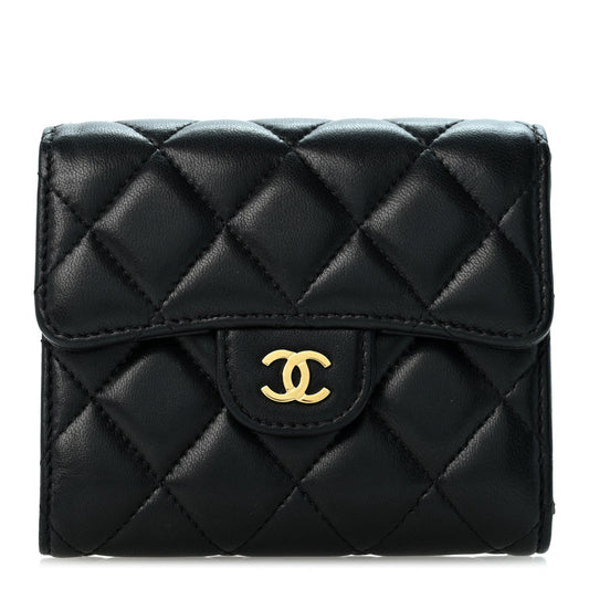 Lambskin Quilted Compact Flap Wallet Black