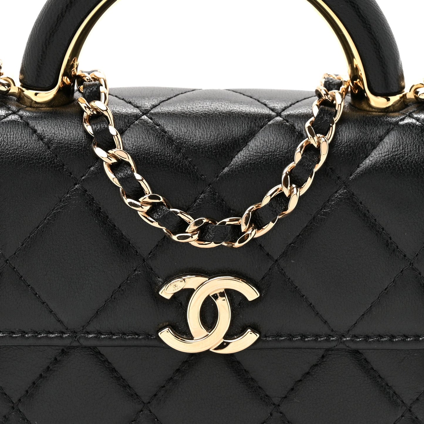 Lambskin Metal Quilted Top Handle Flap Clutch With Chain Black