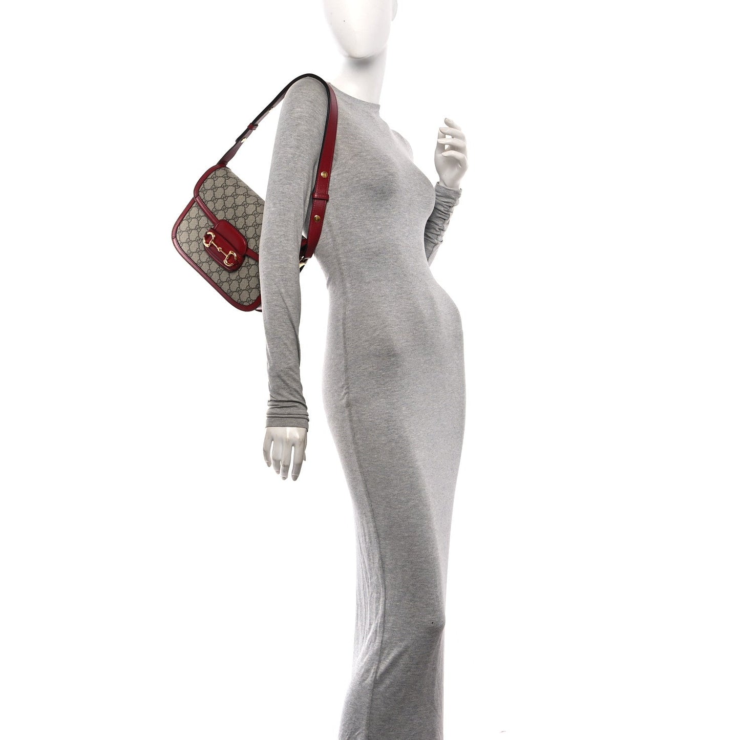 GG Supreme Monogram Azalea Calfskin Horsebit 1955 Shoulder Bag Beige Ebony New Cherry Red