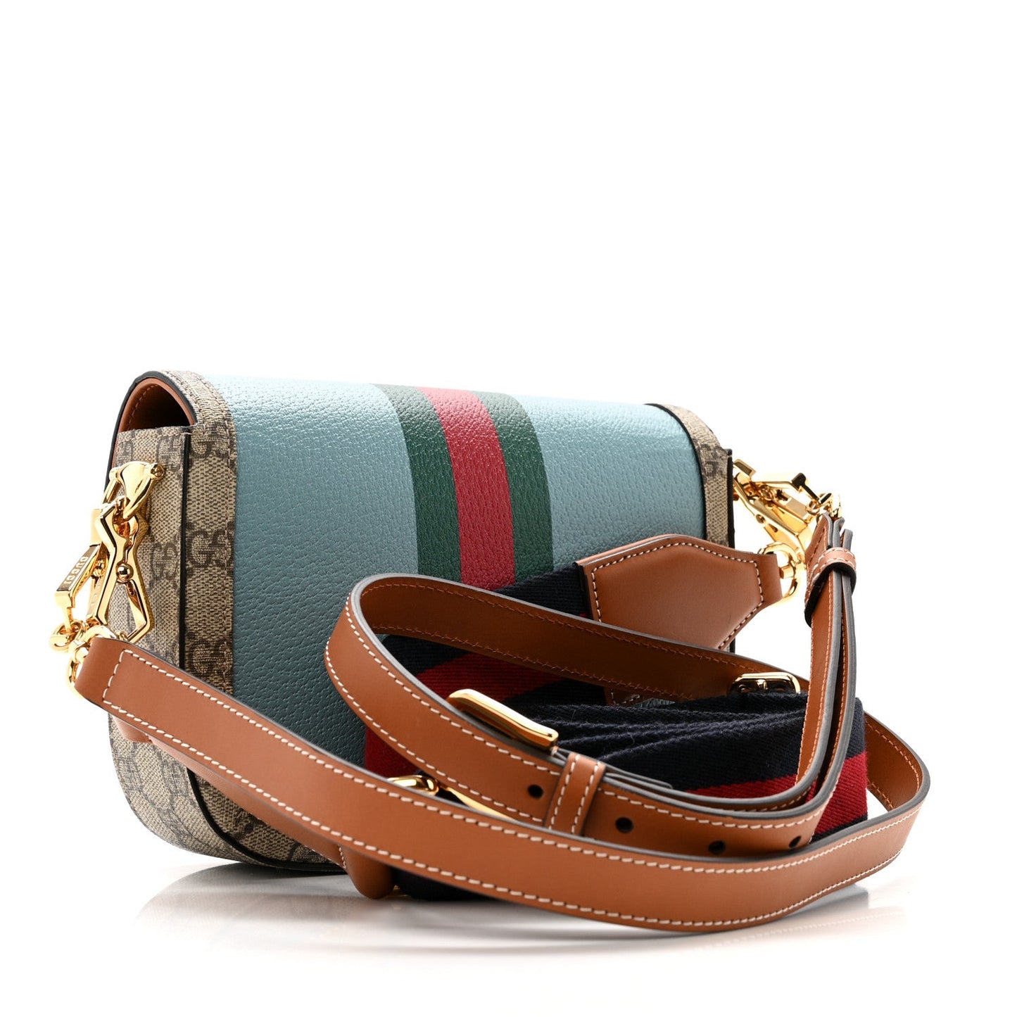 X DANS LE VERT Textured Dollar Calfskin GG Supreme Monogram Web Mini Horsebit 1955 Shoulder Bag Dusty Azure Beige Ebony