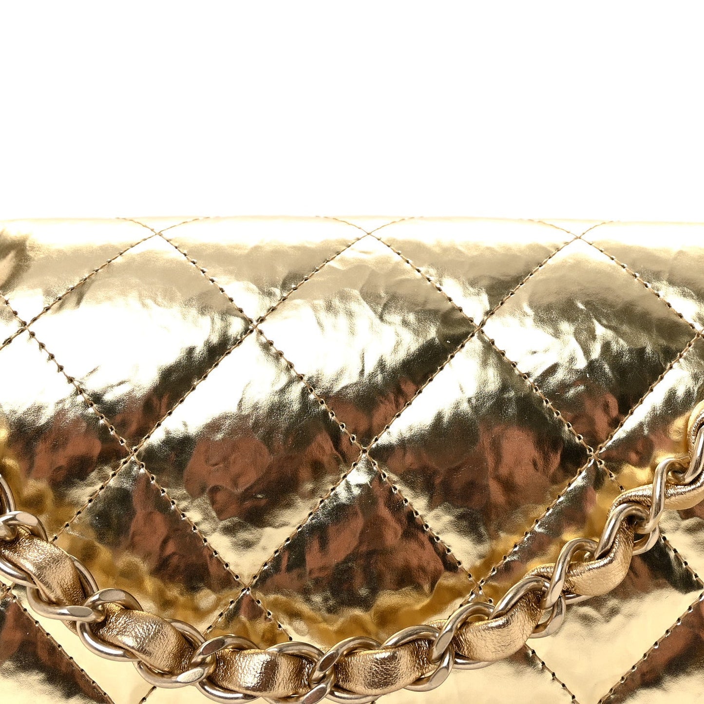 Hammered Metallic Calfskin Quilted Small Double Flap Gold