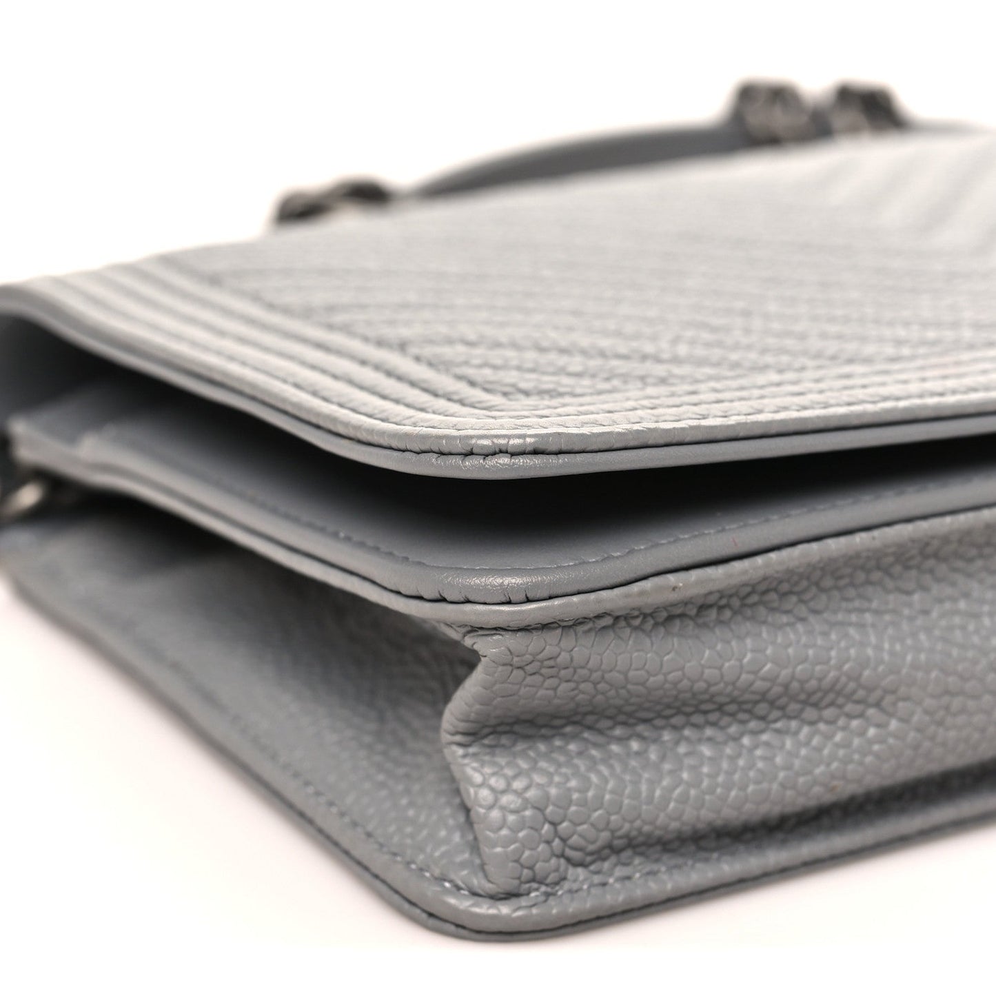 Caviar Chevron Quilted Boy Wallet On Chain WOC Grey