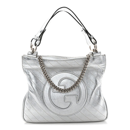 Sakai Be Green Calfskin Diagonal Stitched Small Blondie Tote Silver