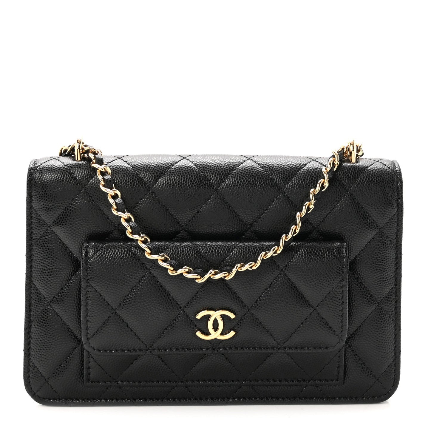 Caviar Quilted Pocket Twins Clutch With Chain Black