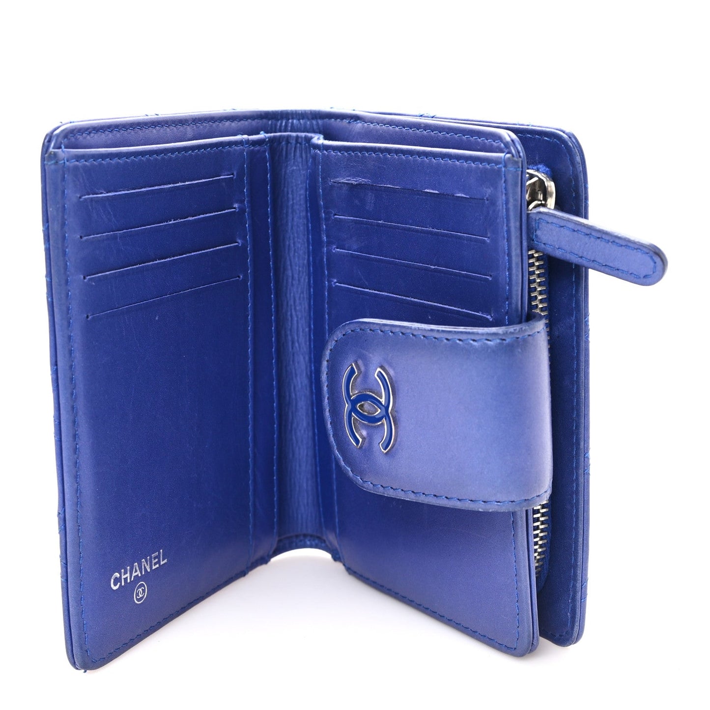 Iridescent Lambskin Quilted Double Stitch Compact Zipped Pocket Wallet Purple