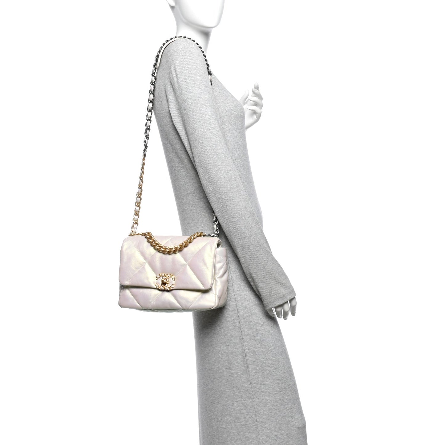 Iridescent Calfskin Quilted Medium Chanel 19 Flap  White