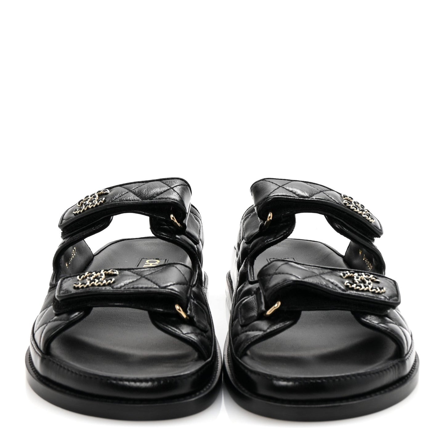 Lambskin Quilted Velcro Dad Chain CC Slide Sandals 38 Black
