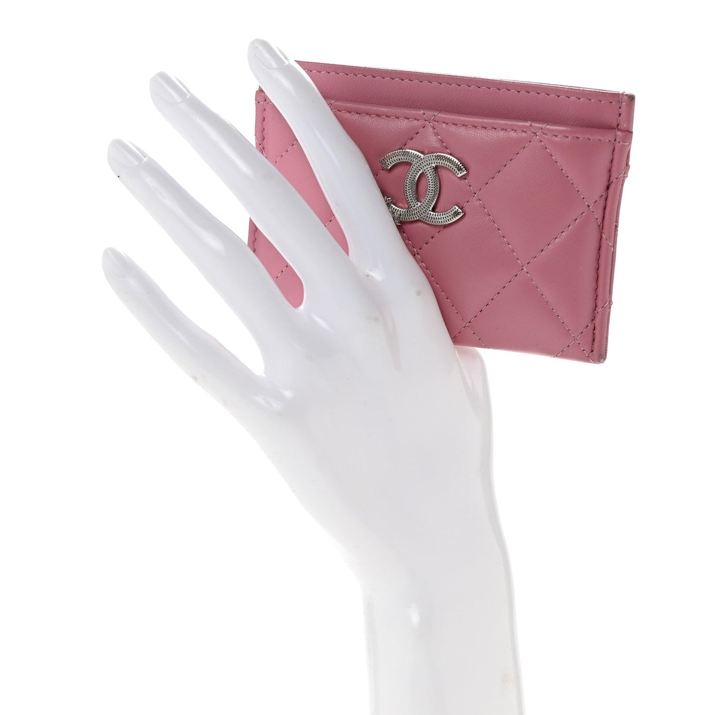 Lambskin Quilted Crystal Star Card Holder Pink