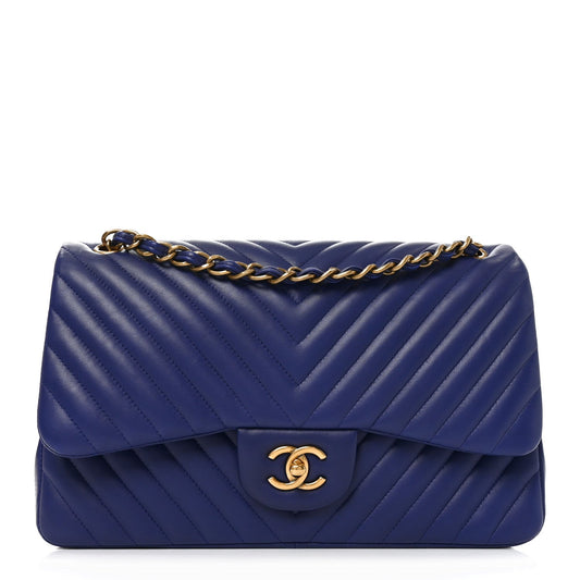 Lambskin Chevron Quilted Jumbo Double Flap Navy Blue
