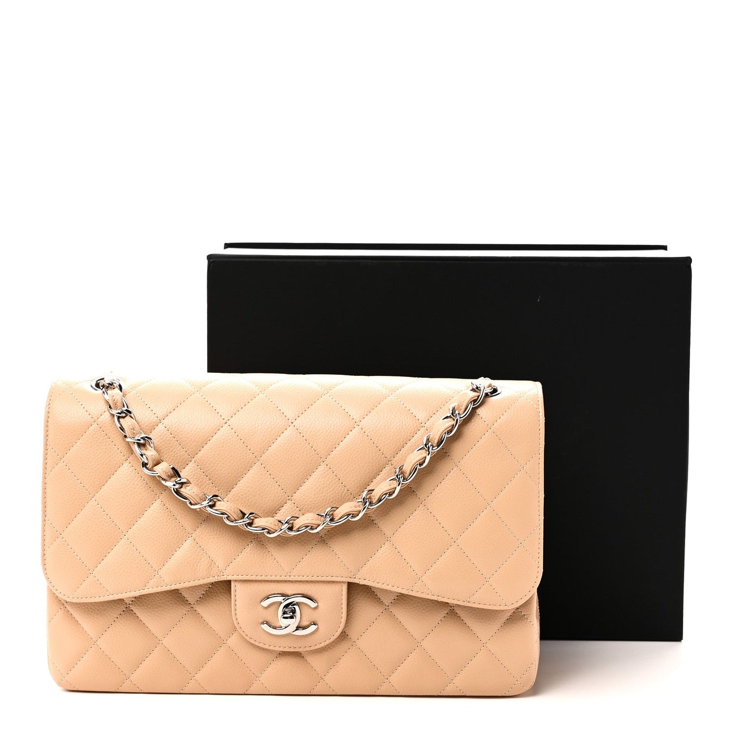 Caviar Quilted Jumbo Double Flap Beige