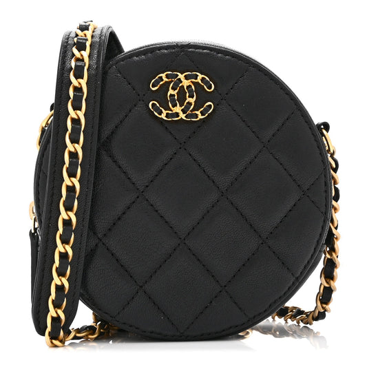 Goatskin Quilted Chanel 19 Round Clutch With Chain Black Black