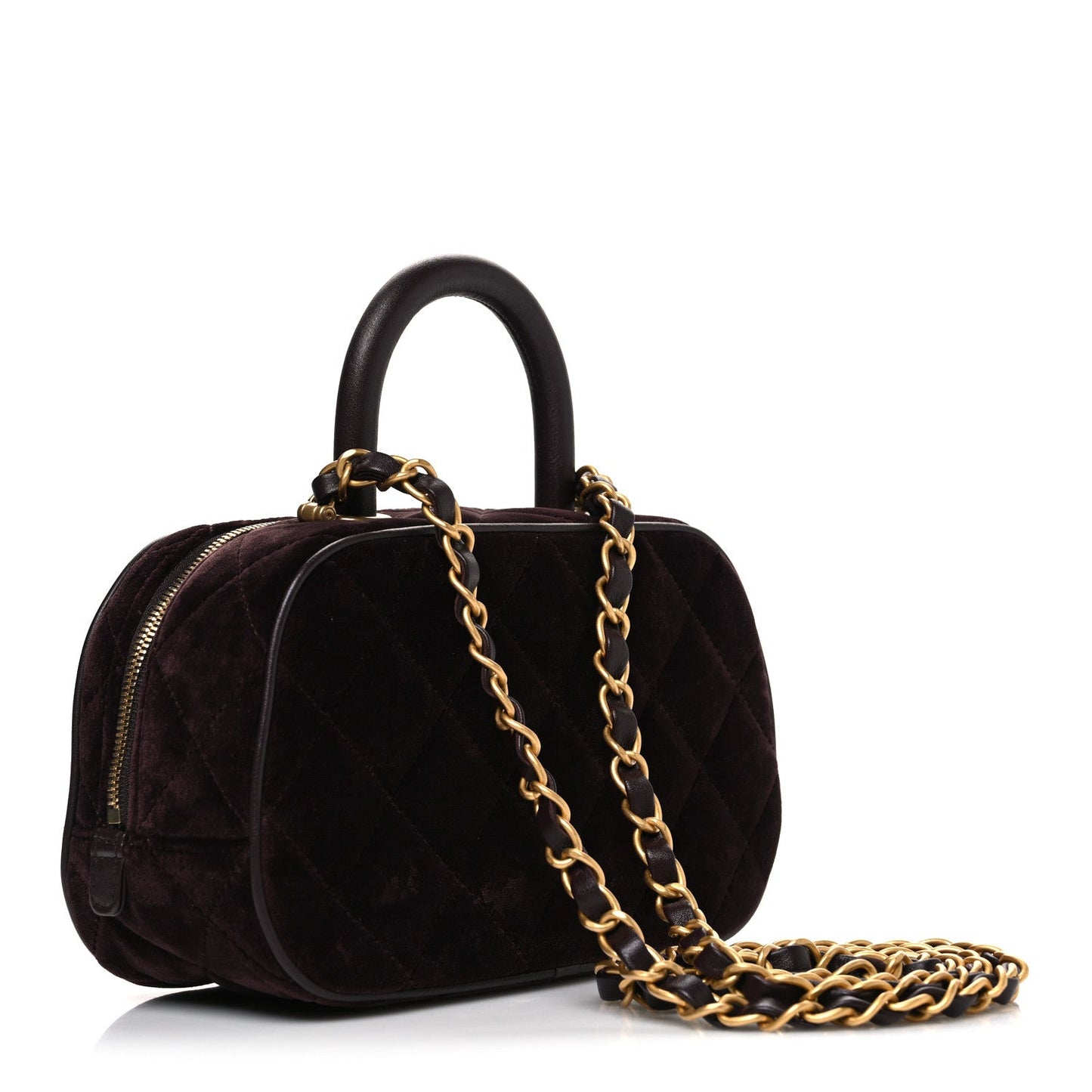 Velvet Quilted Top Handle Mini Bowling Bag Dark Brown