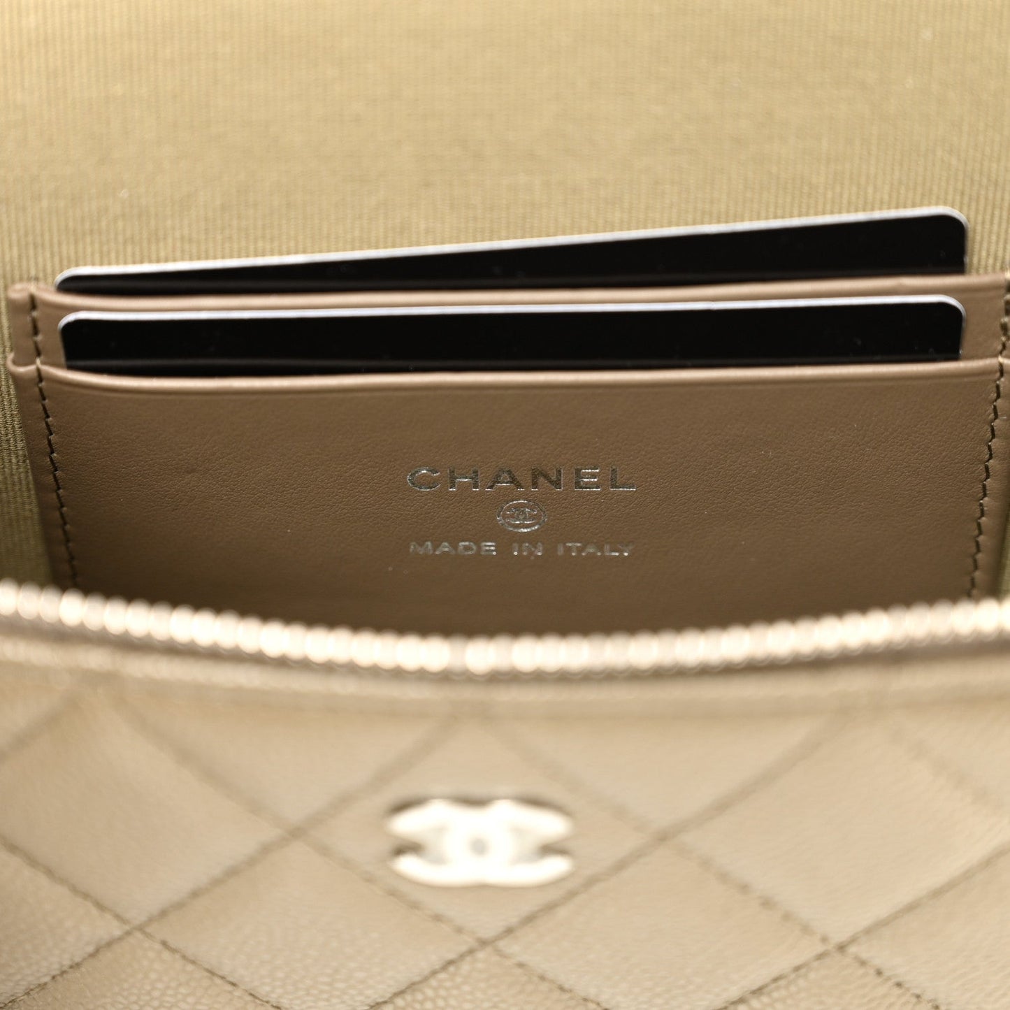 Caviar Quilted Top Handle Slim Vanity With Chain Dark Khaki