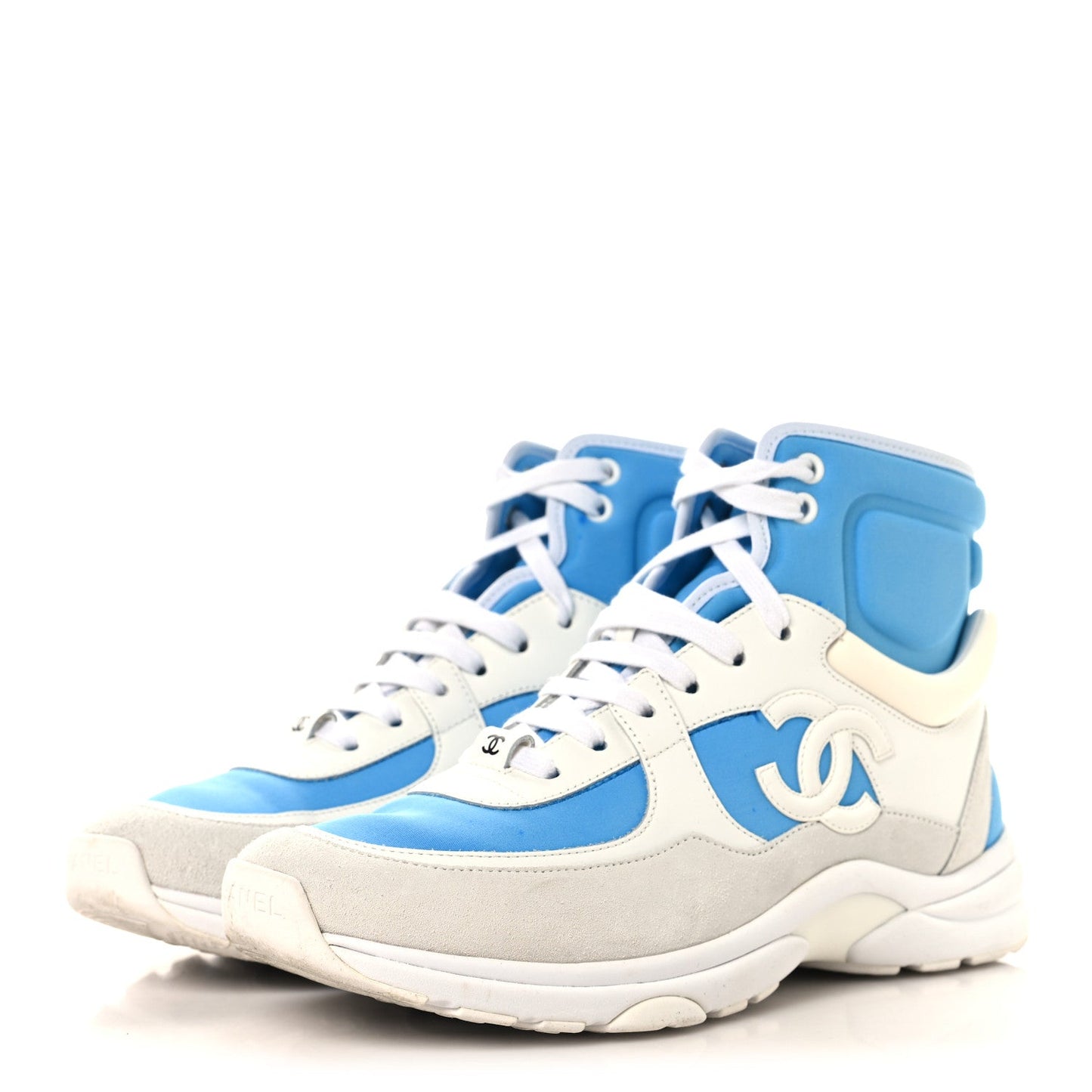 Suede Calfskin Lambskin High Top CC Sneakers 39 White Blue