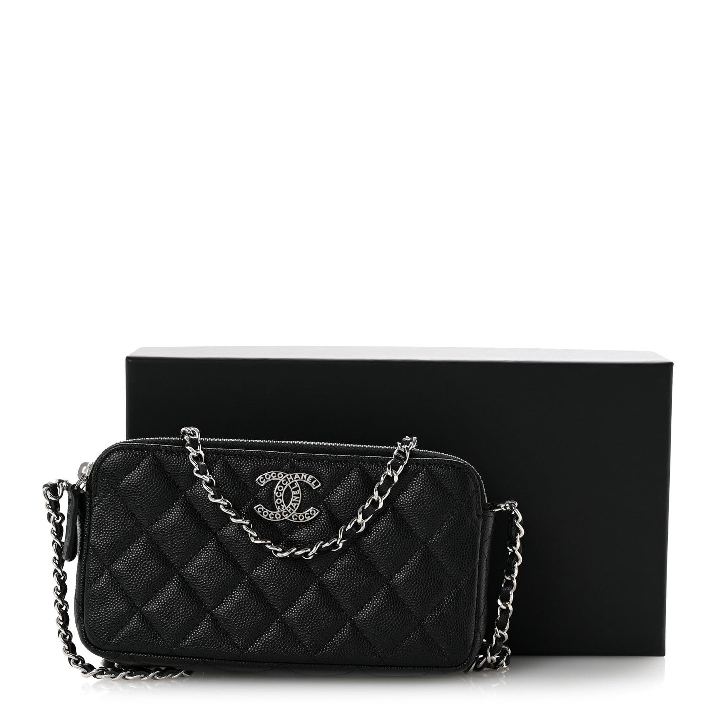 Caviar Quilted Logo Small Clutch With Chain Black