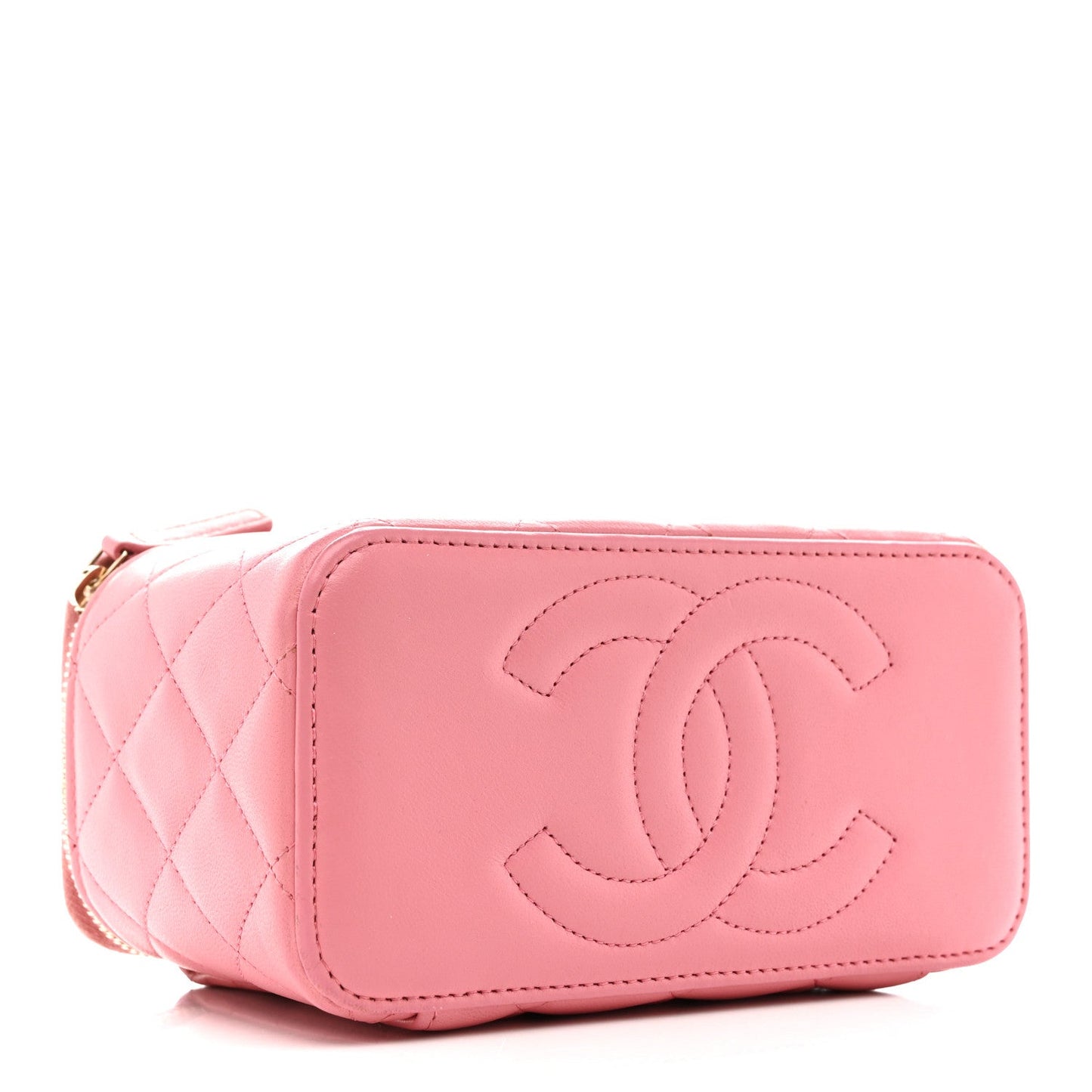 Lambskin Quilted Small Top Handle Vanity Case With Chain Pink