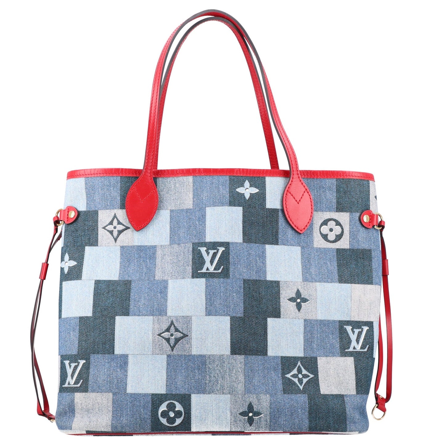 Denim Damier Monogram Patchwork Neverfull Blue Rouge