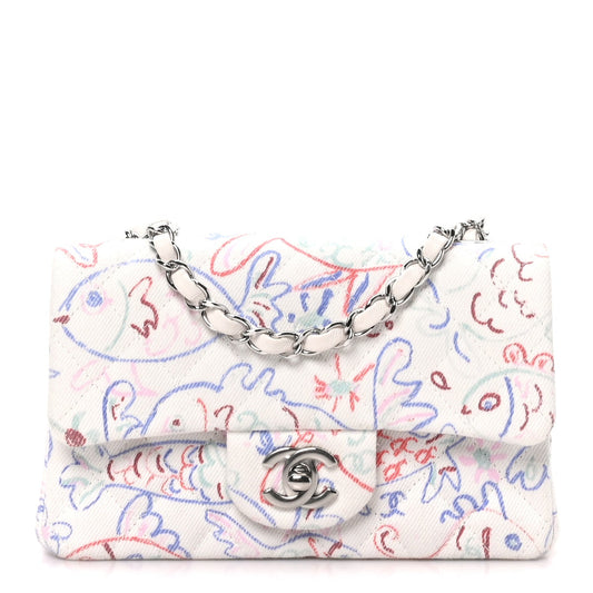 Denim Printed Fish Quilted Mini Rectangular Flap White Multicolor