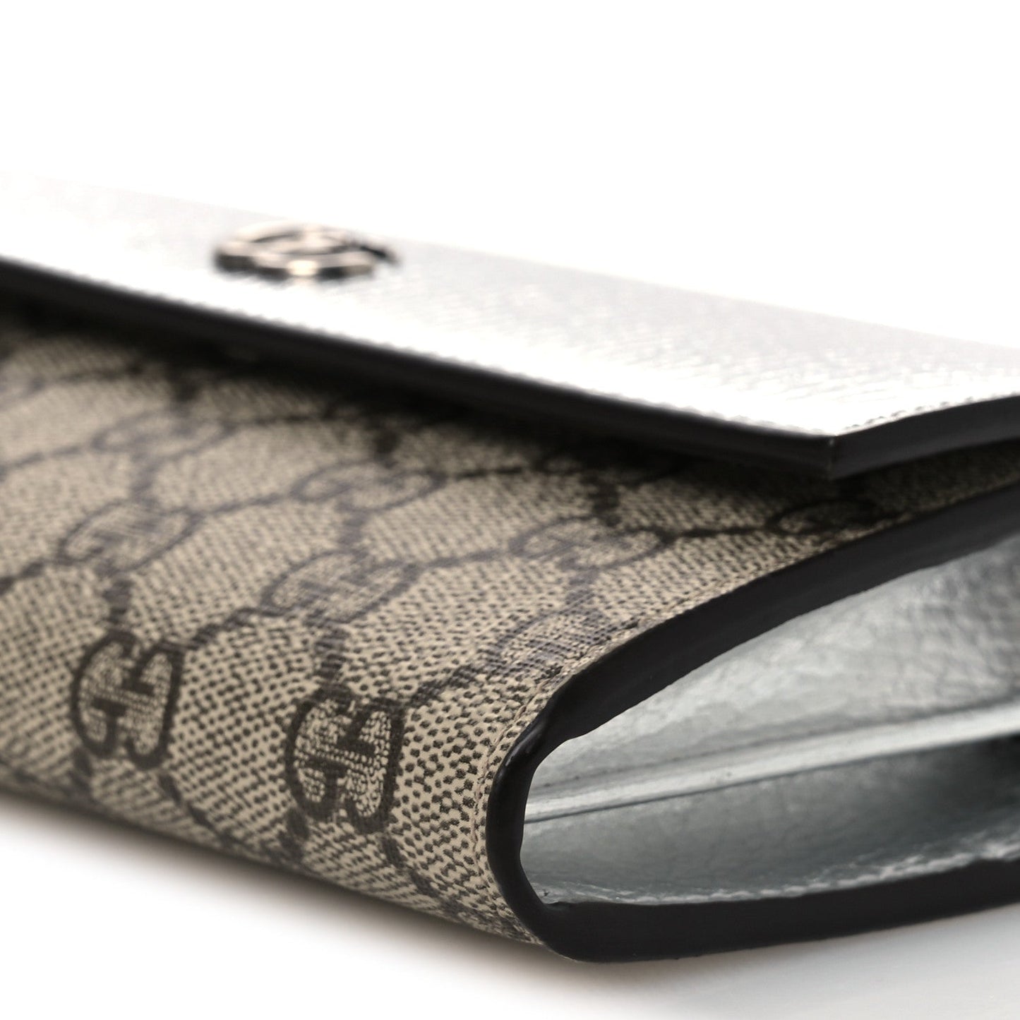 Metallic Calfskin GG Supreme Monogram Petite GG Marmont Wallet Chain Bag Silver Beige Ebony