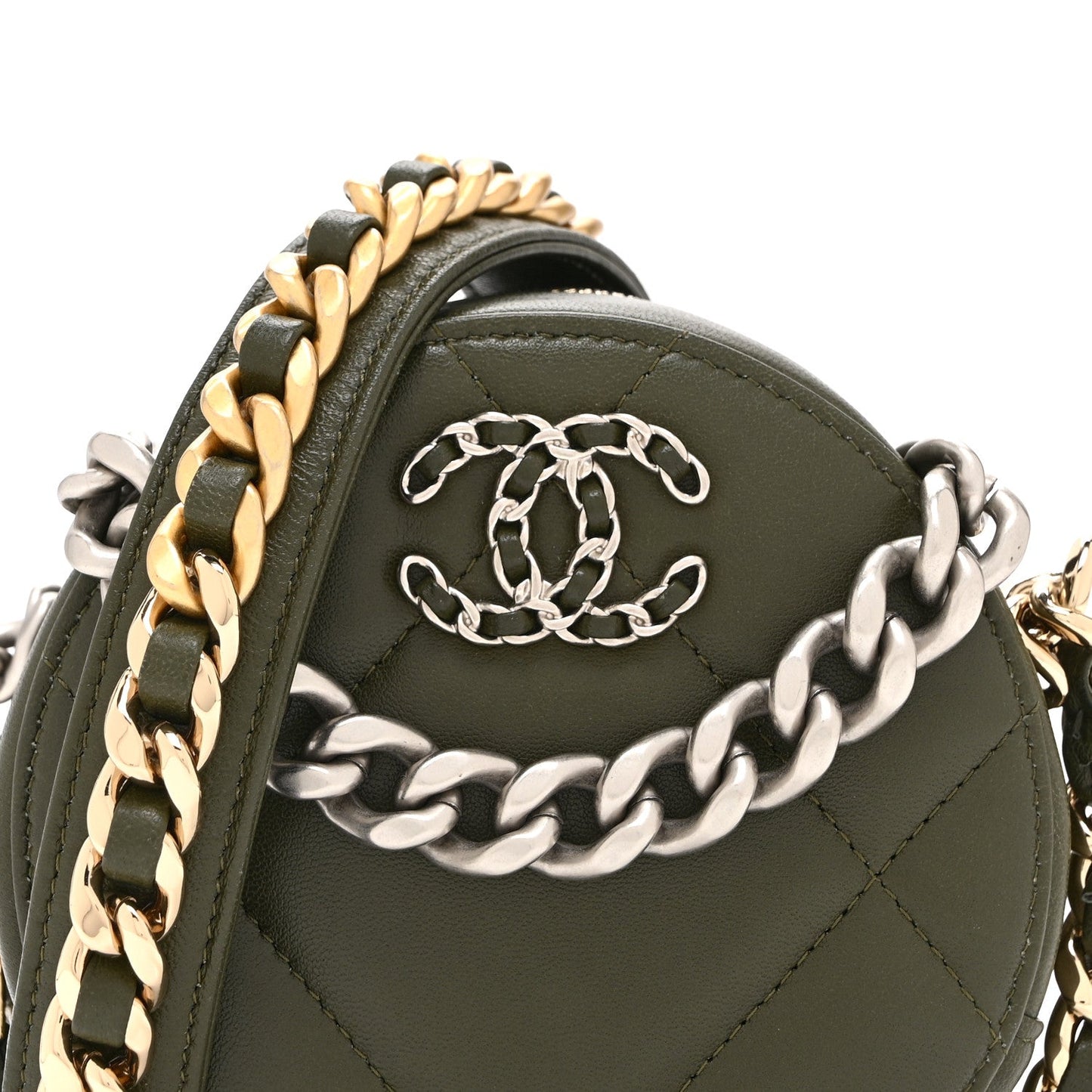 Lambskin Quilted Chanel 19 Round Clutch With Chain Khaki