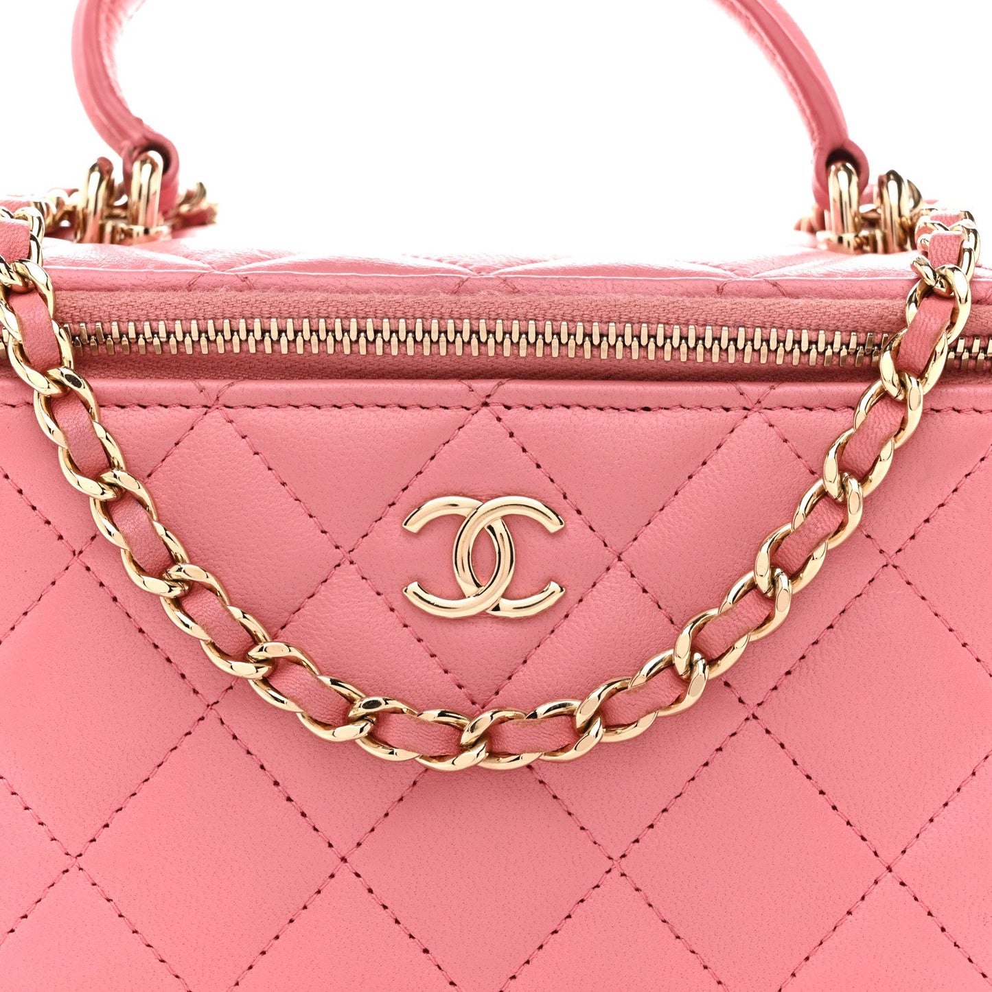 Lambskin Quilted Small Top Handle Vanity Case With Chain Pink
