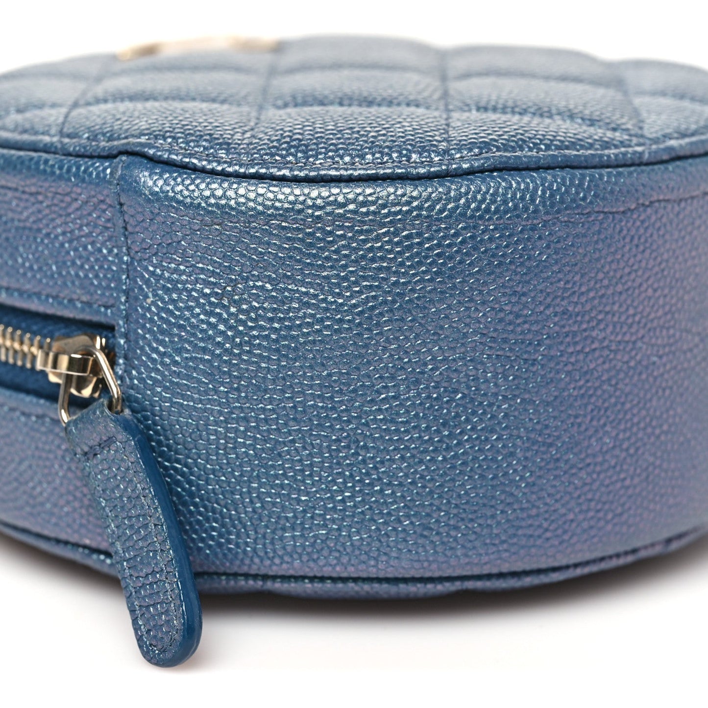 Iridescent Caviar Quilted Round Clutch With Chain Blue