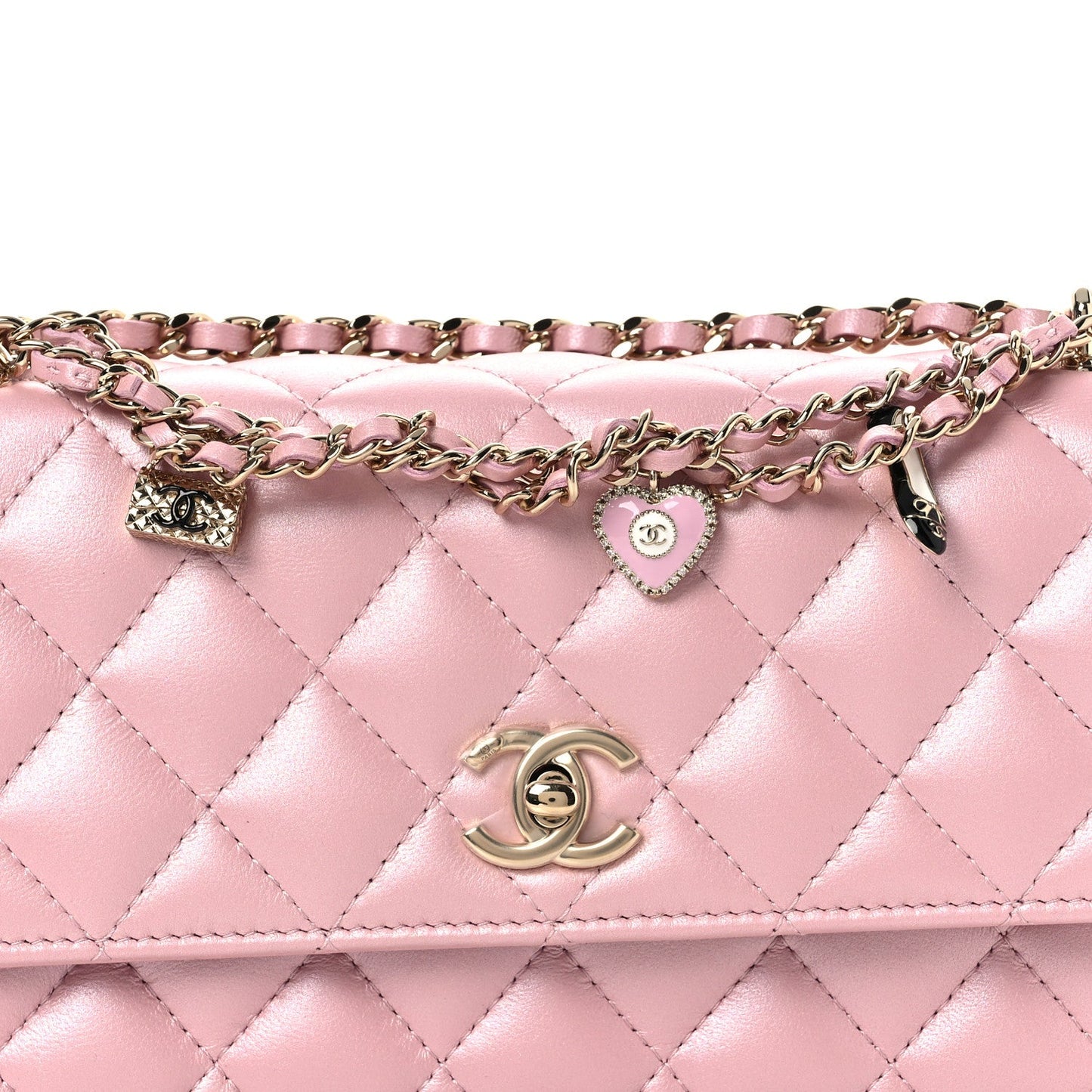 Pearly Lambskin Quilted Charms Wallet On Chain WOC Light Pink