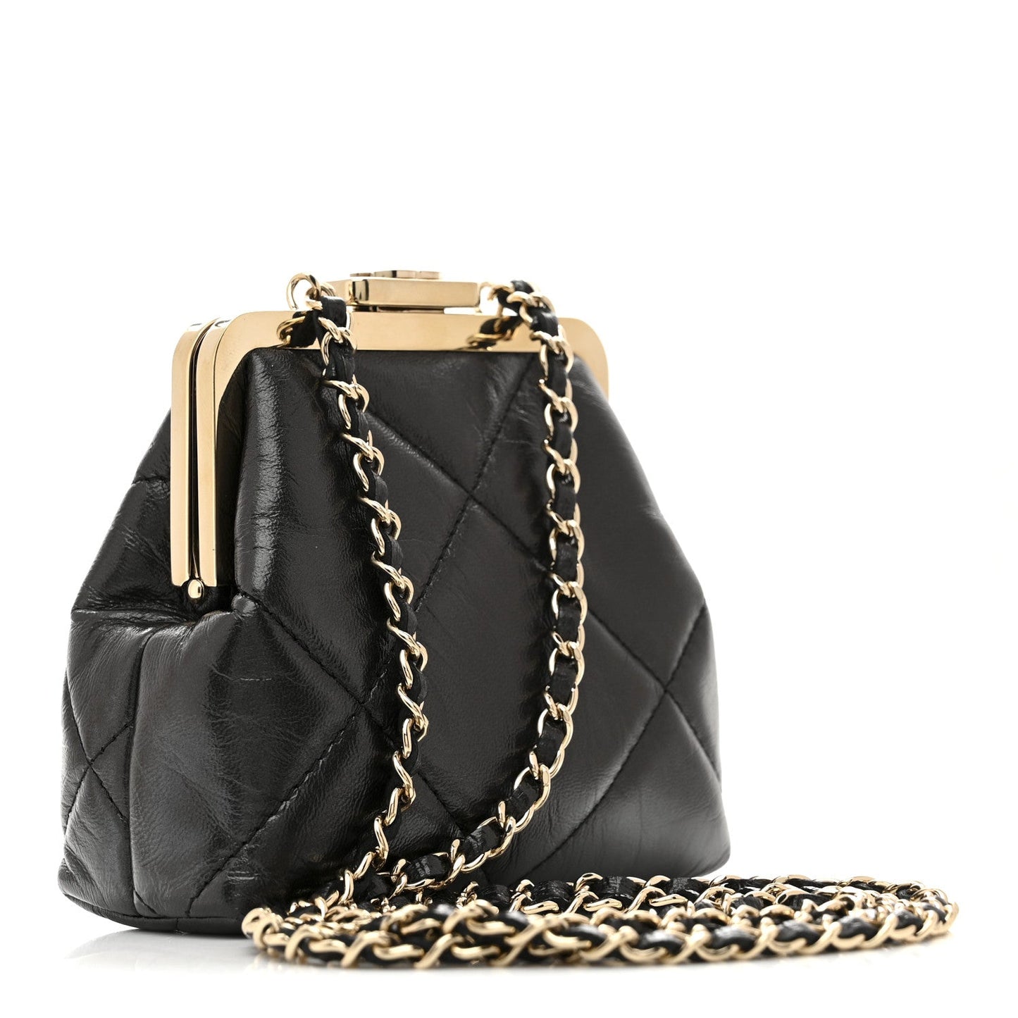 Shiny Aged Lambskin Quilted Kiss Lock Clutch With Chain Black