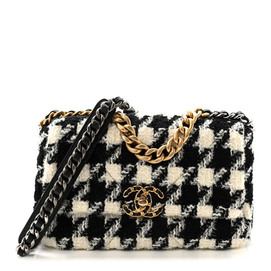 Tweed Quilted Medium Chanel 19 Flap Black Ecru White