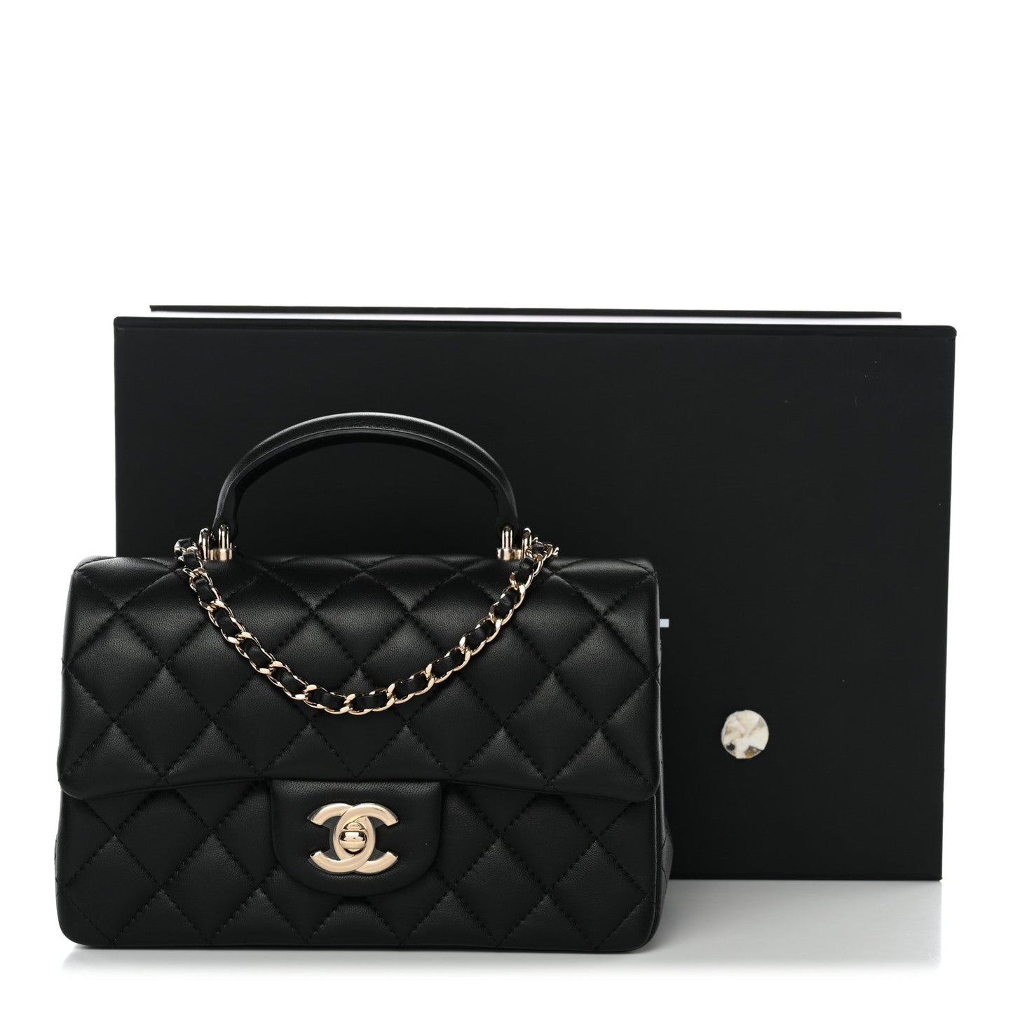 Lambskin Quilted Mini Top Handle Rectangular Flap Black