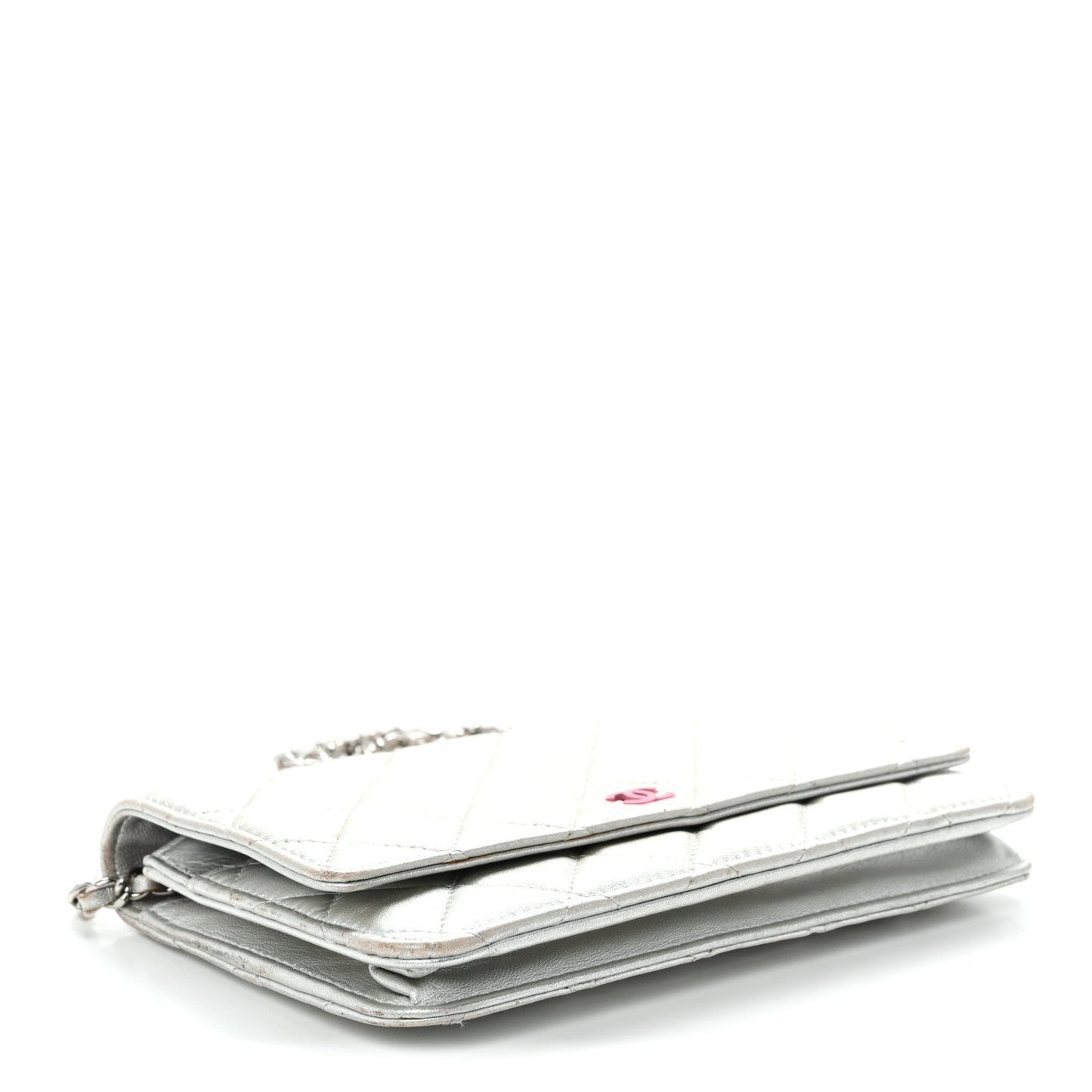 Metallic Lambskin Quilted Wallet On Chain WOC Silver