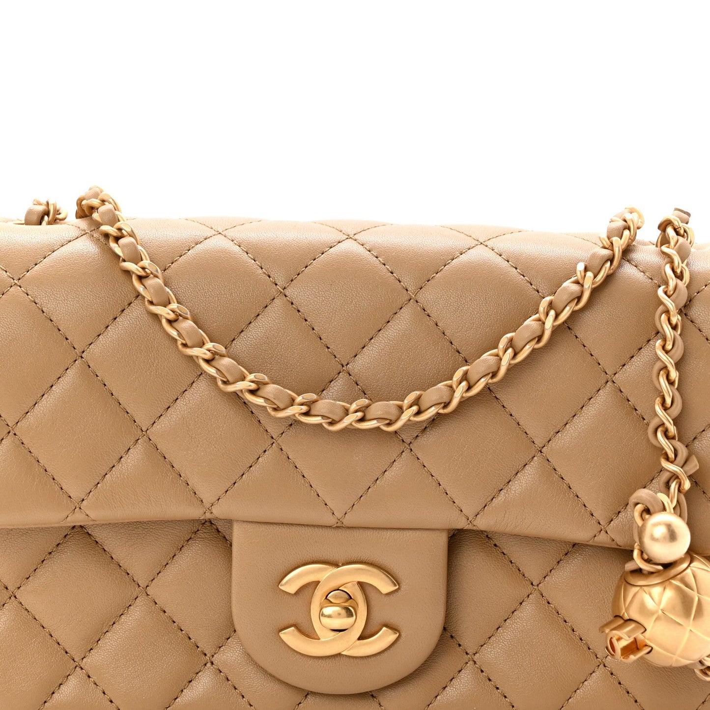 Lambskin Quilted Mini Rectangular Pearl Crush Flap Dark Beige