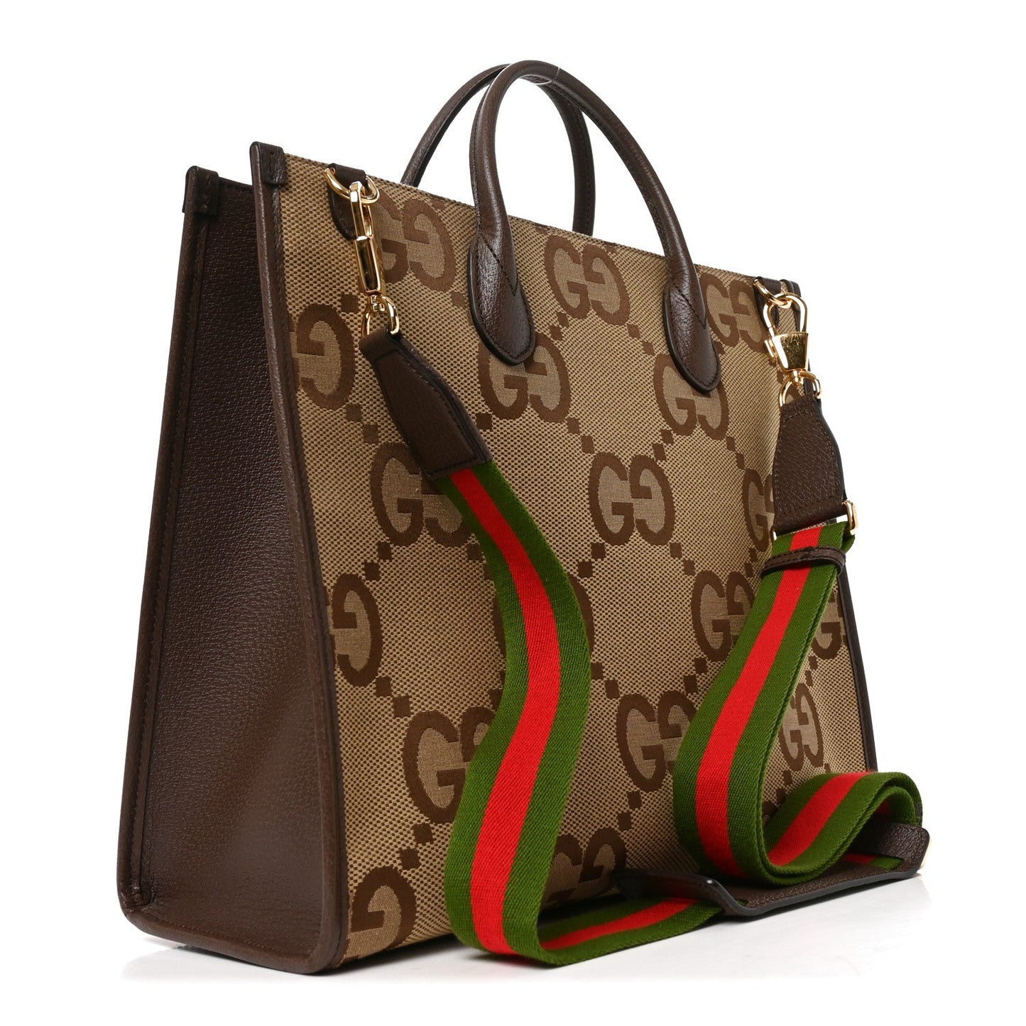 Monogram Jumbo GG Textured Dollar Calfskin Web Tote Bag Camel Ebony New Acero