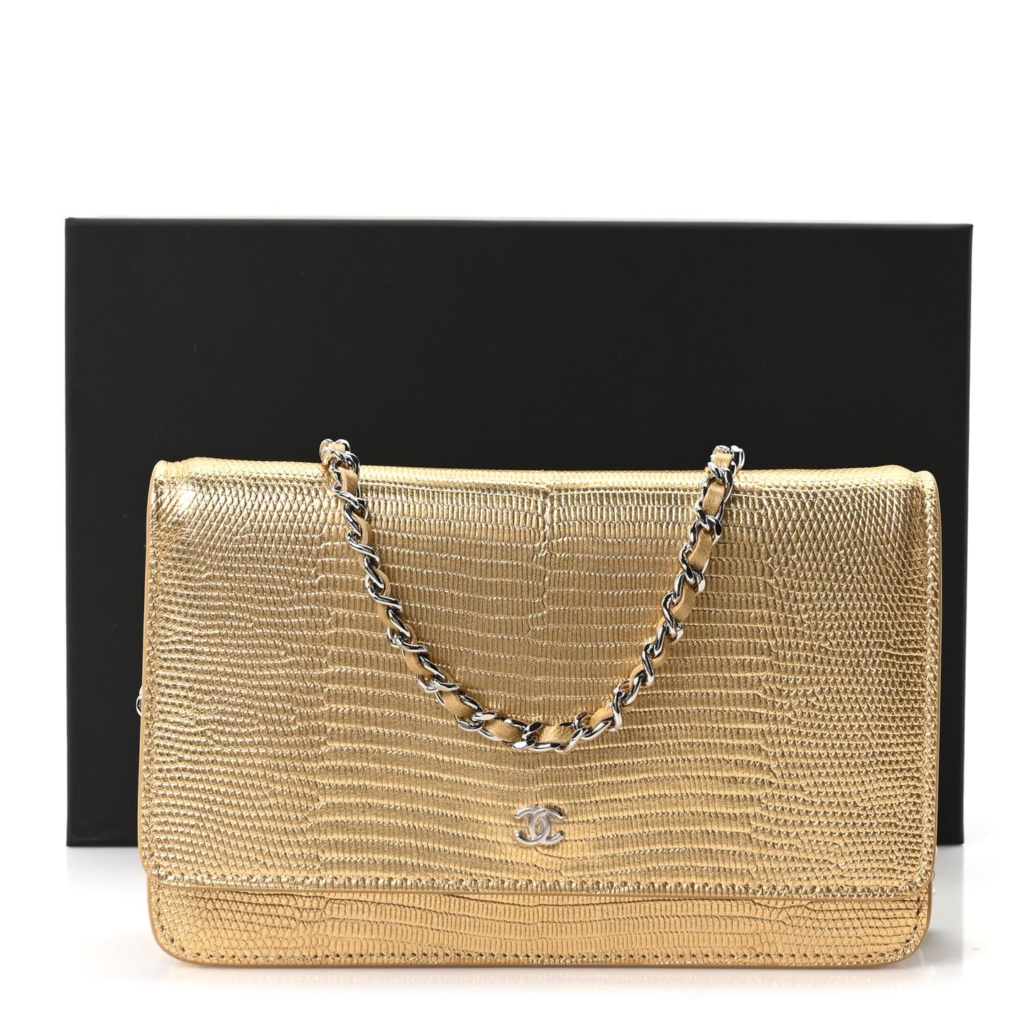 Calfskin Lizard Embossed Wallet On Chain WOC Gold