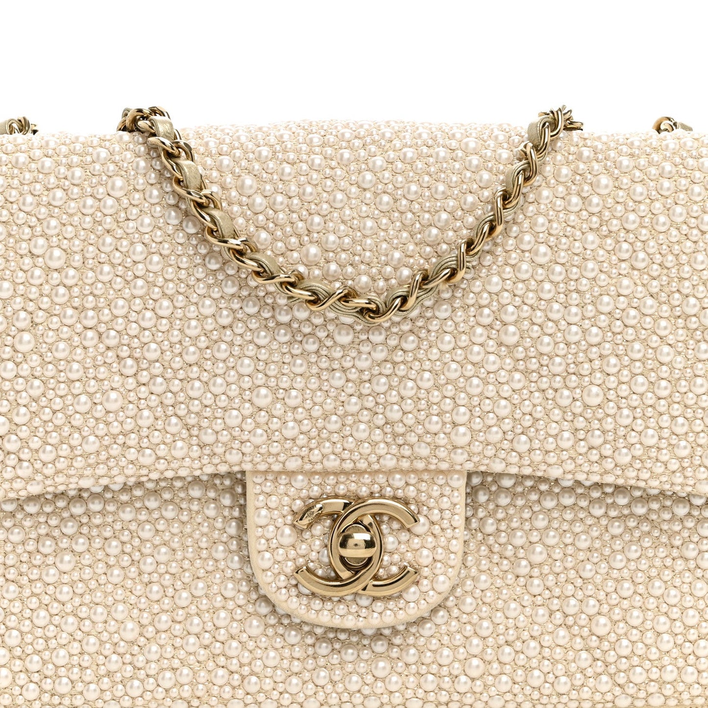 Metallic Lambskin Quilted Pearl Flap Gold White