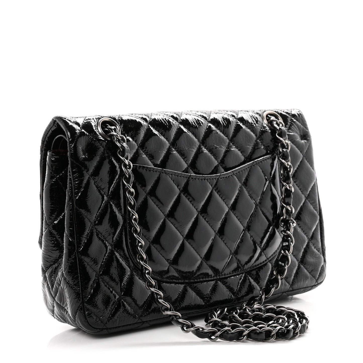 Crumpled Patent Quilted Medium Double Flap Black