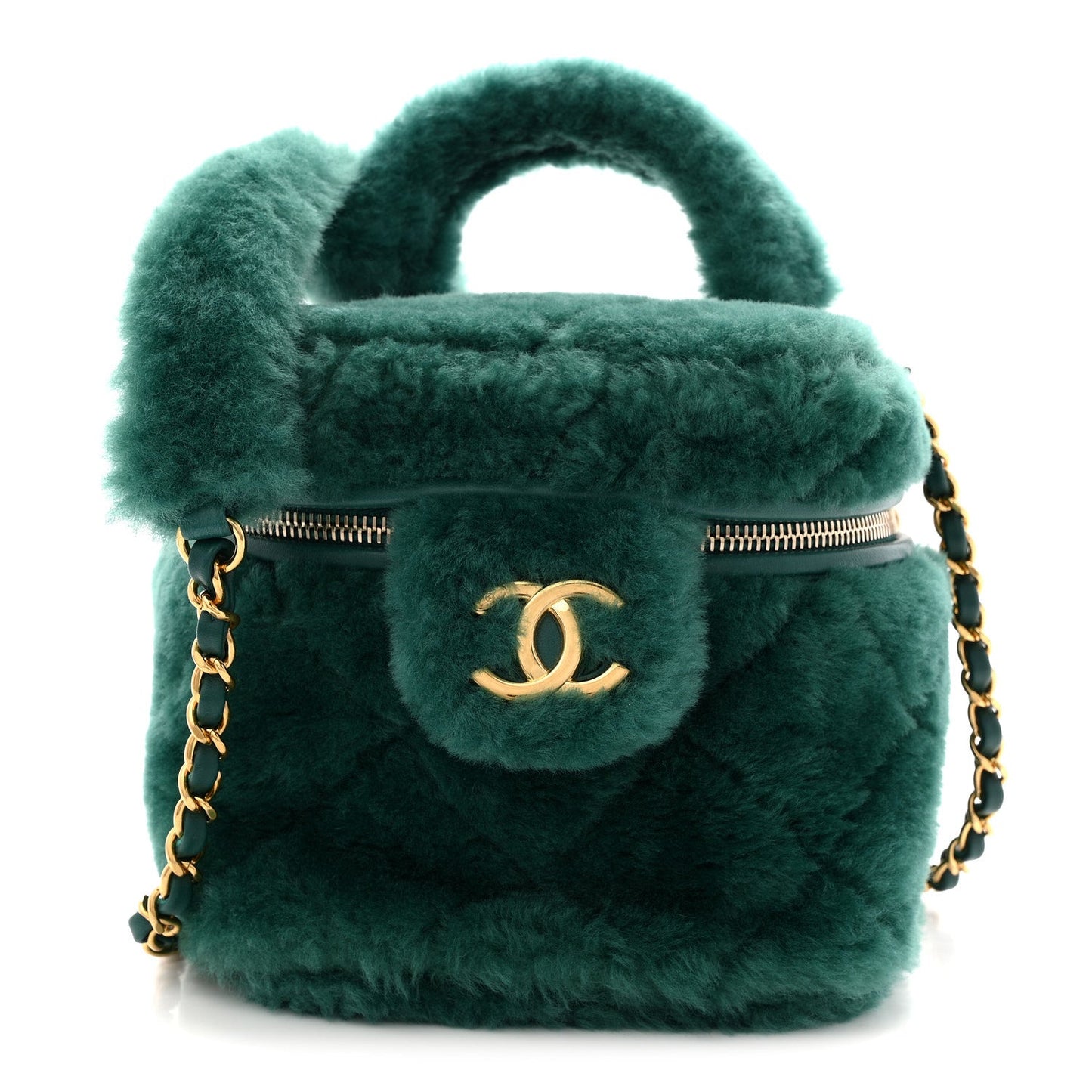 Shearling Lambskin Quilted Small Vanity Case Green