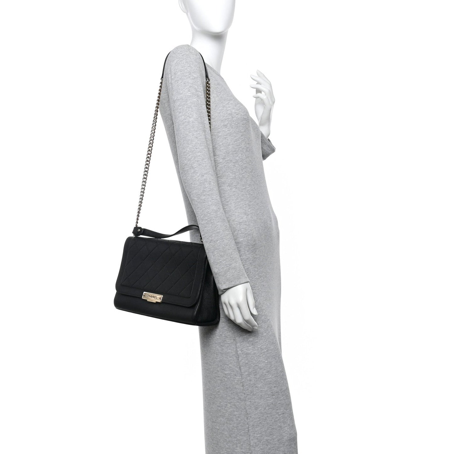 Grained Calfskin Quilted Large Label Click Flap Bag Black
