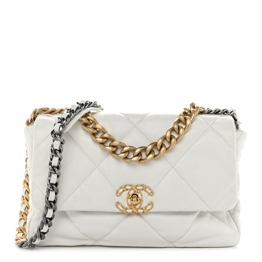 Lambskin Quilted Large Chanel 19 Flap White