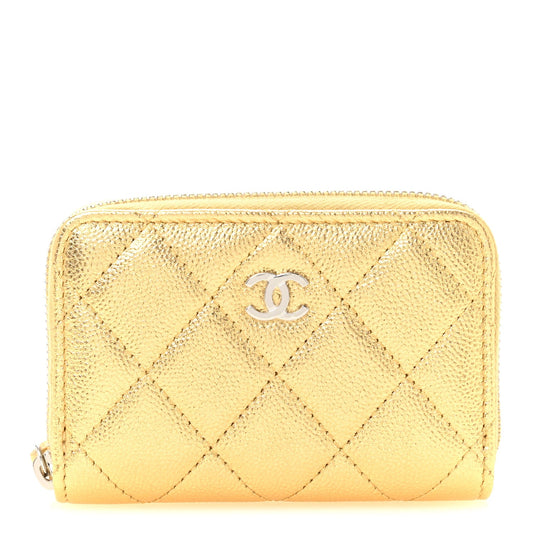 Metallic Caviar Quilted Zip Coin Purse Gold