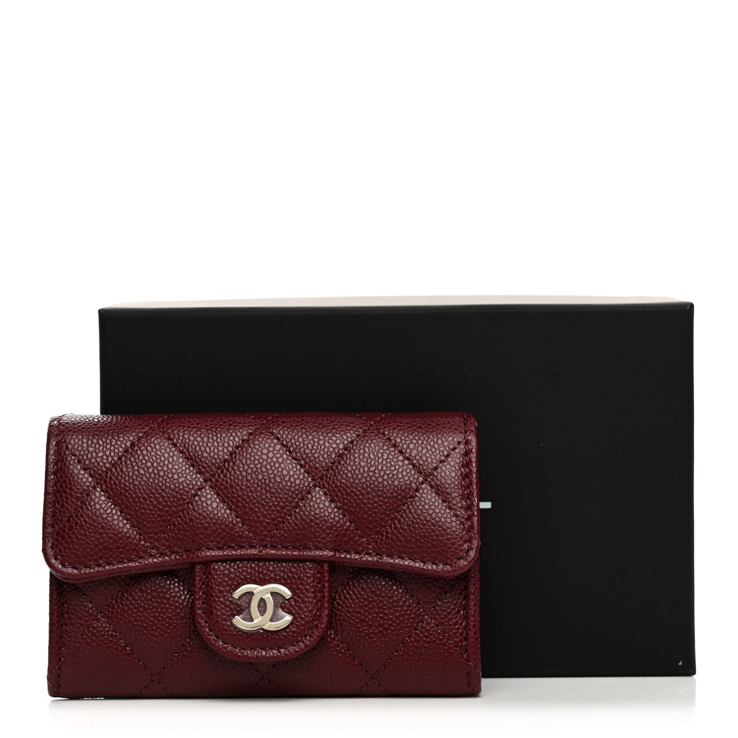 Caviar Quilted Flap Card Holder Wallet Burgundy