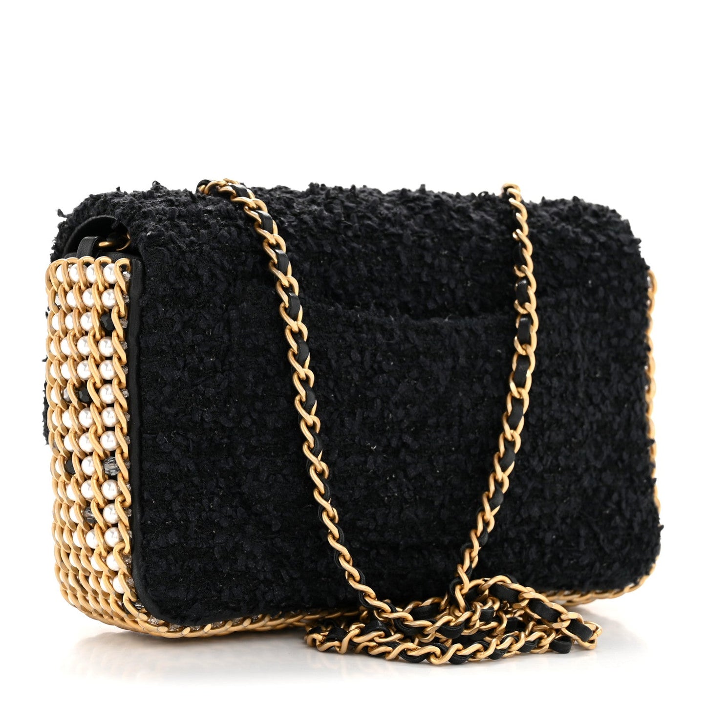 Tweed Quilted Mini Side Pearl Flap Bag Black
